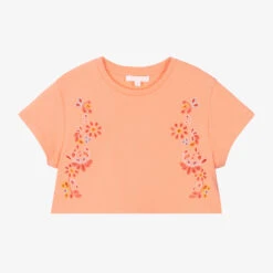 Chloé Girls Coral Orange Cotton Floral T-Shirt
