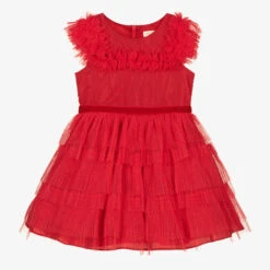 David Charles Girls Red Tulle Plissé Dress