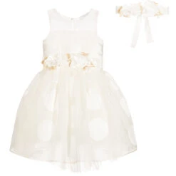 Monnalisa Chic Girls Ivory Spotted Silk Organza Dress