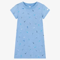 Nike Girls Blue Cotton Logo Print Dress